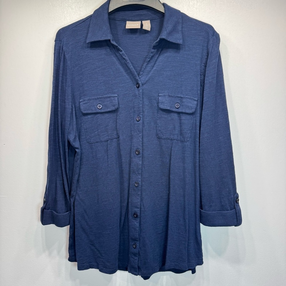 Chico’s Navy Blue Button Down Soft Slub Knit 3/4 Sleeve Collared Shirt Size 1/M